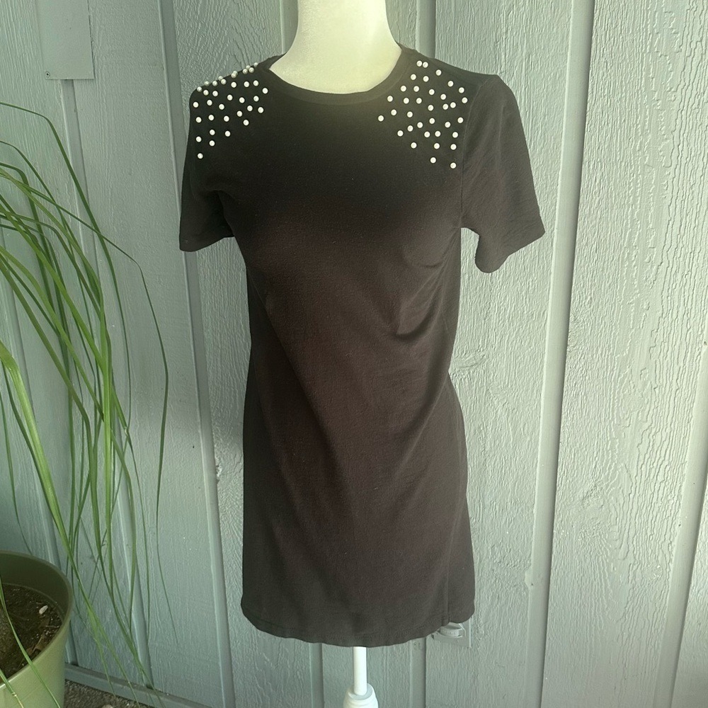 Zara Trafaluc Black Jersey Style T-Shirt Small Dress White Beads Small Mini